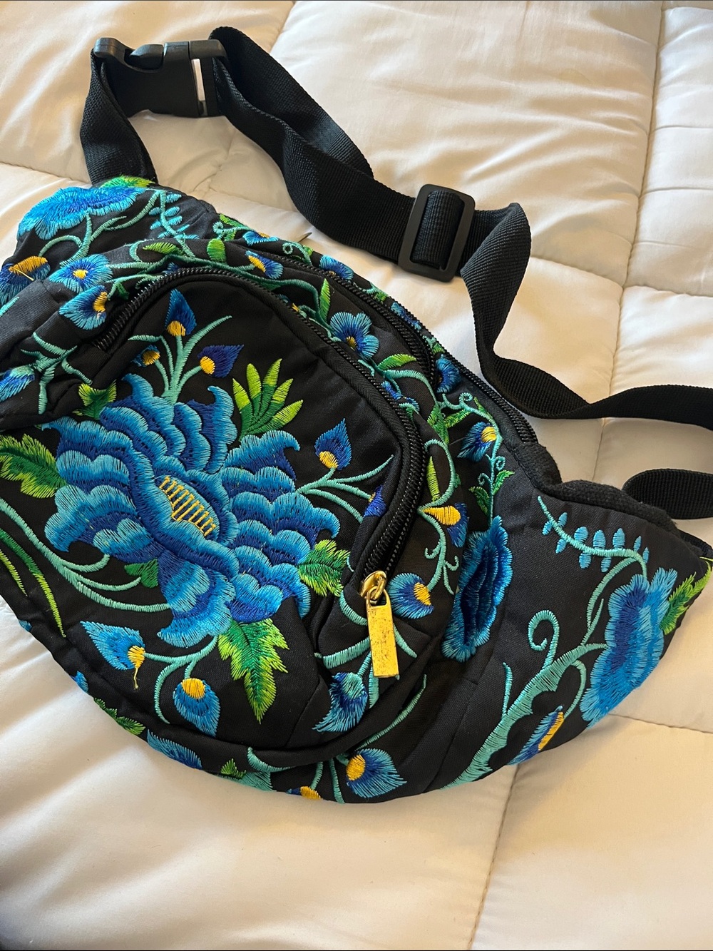 Black Floral Embroidered Waist Bag - Blue Floral Accent